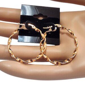 1 1/4" Gold Twisted Band Hoop Pierced Earring 34mm Stainless Steel Nickel Free